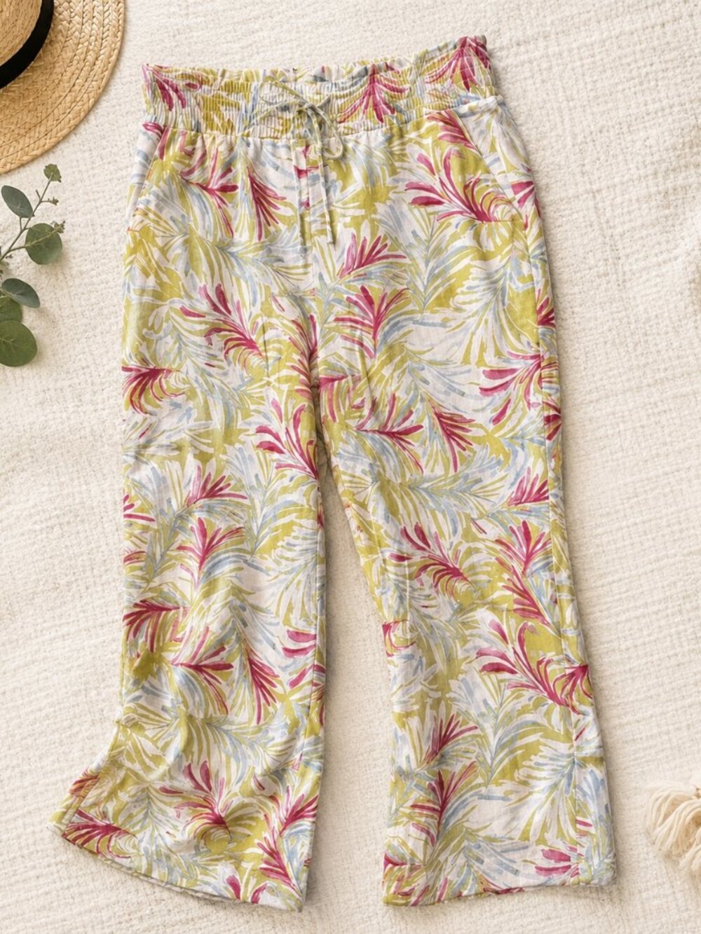 Land n Sea Linen Rayon Tropical Palm Print Pants Womens Large Drawstring Beach